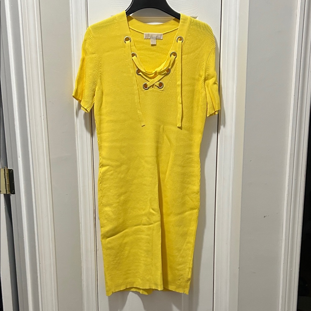 Bright Yellow Lace-Up Knit Dress